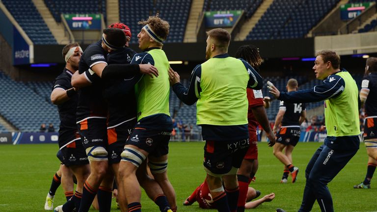  Stuart McInally of Edinburgh Rugby is congratulated by his team mates after scoring a try early in the second half during the Champions Cup match between Edinburgh Rugby and Toulon at Murrayfield Stadium on October 20, 2018 in Edinburgh, United Kingdom.