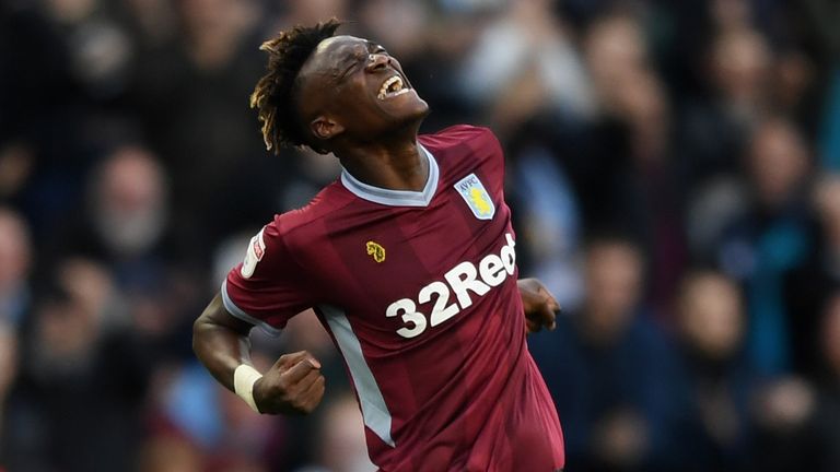 Tammy Abraham celebrates Villa&#39;s 1-0 win over Swansea at the final whistle