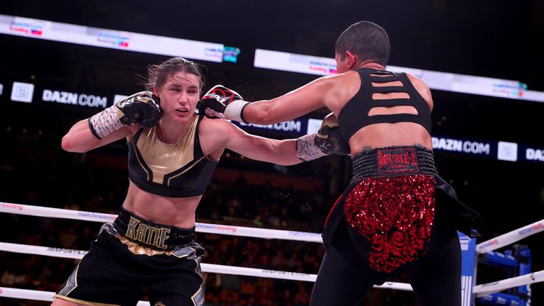 October 20, 2018; Boston, MA, USA; WBA/IBF women's lightweight champion Katie Taylor and Cindy Serrano during their bout at the TD Garden in Boston, MA. Mandatory Credit: Ed Mulholland/Matchroom Boxing USA