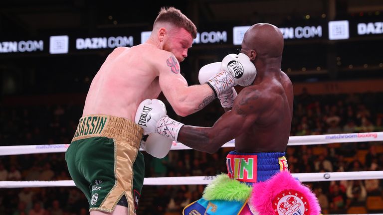 October 20, 2018; Boston, MA, USA; IBF super featherweight champion Tevin Farmer and James Tennyson during their bout at the TD Garden in Boston, MA. Mandatory Credit: Ed Mulholland/Matchroom Boxing USA