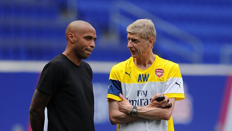 Thierry Henry and Arsene Wenger of Arsenal during a training session at Red Bull Arena on July 24, 2014 in Harrison, New Jersey. (Photo by Stuart MacFarlane/Arsenal FC via Getty Images)