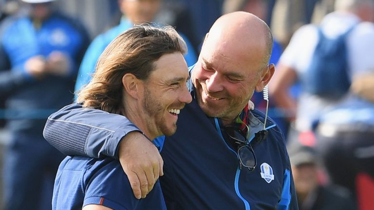 during the morning fourball matches of the 2018 Ryder Cup at Le Golf National on September 28, 2018 in Paris, France.