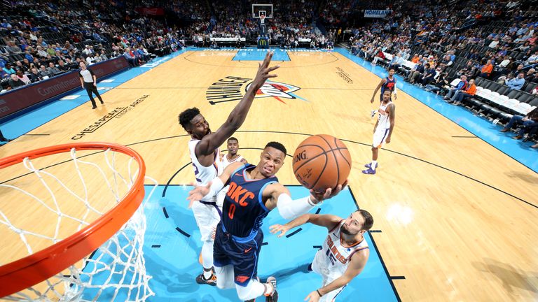 OKLAHOMA CITY, OK - OCTOBER 28:  Russell Westbrook #0 of the Oklahoma City Thunder shoots the ball against the Phoenix Suns on October 28, 2018 at Chesapeake Energy Arena in Oklahoma City, Oklahoma. NOTE TO USER: User expressly acknowledges and agrees that, by downloading and/or using this photograph, user is consenting to the terms and conditions of the Getty Images License Agreement. Mandatory Copyright Notice: Copyright 2018 NBAE (Photo by Zach Beeker/NBAE via Getty Images)