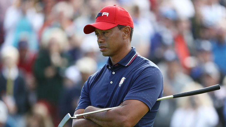 Tiger Woods of the United States reacts during singles matches of the 2018 Ryder Cup at Le Golf National on September 30, 2018 in Paris, France. 