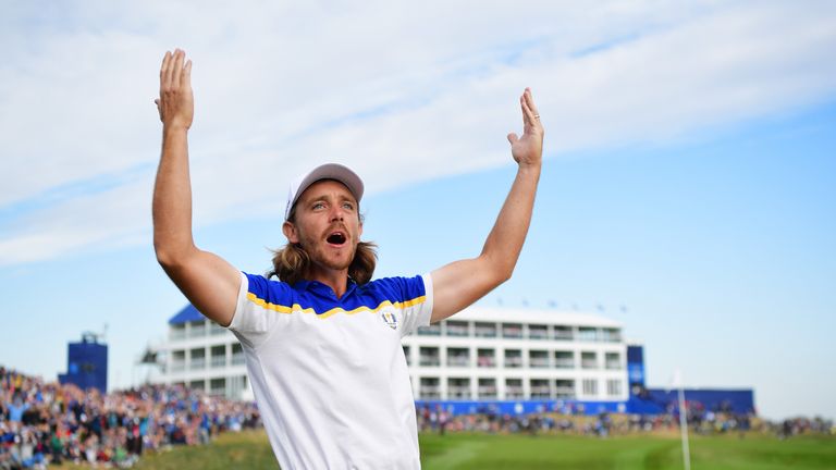 Tommy Fleetwood celebrates after Team Europe win the Ryder Cup.