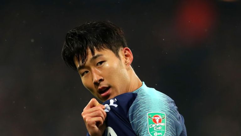 Heung-min Son celebrates during the Carabao Cup Fourth Round match between West Ham United and Tottenham Hotspur at London Stadium on October 31, 2018 in London, England.