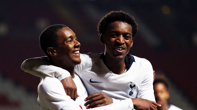 Jaden Brown, Paris Maghoma during the Checkatrade Trophy South Group A match between Gillingham and Tottenham Hotspur at The Valley on October 9, 2018 in London, England.
