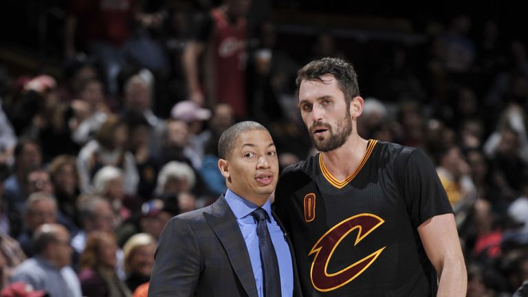 Head Coach Ty Lue and Kevin Love #0 of the Cleveland Cavaliers are seen against the LA Clippers on December 1, 2016 at Quicken Loans Arena in Cleveland, Ohio.