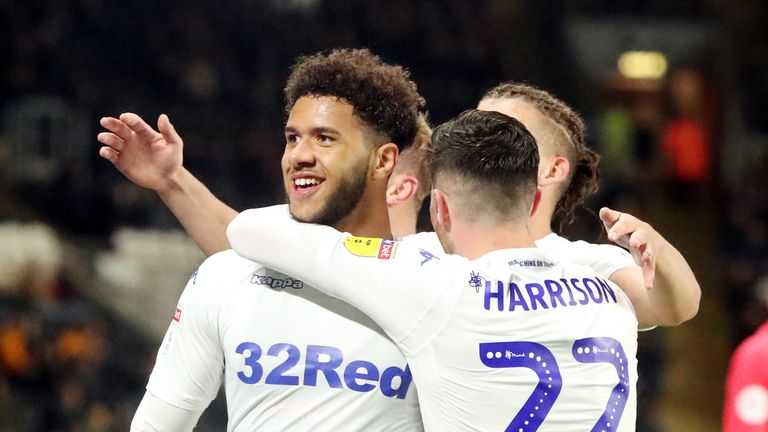Leeds United's Tyler Roberts (left) celebrates scoring his sides first goal with team mates during the Sky Bet Championship match at the KC Stadium, Hull. PRESS ASSOCIATION Photo. Picture date:  Tuesday October 2, 2018. See PA story SOCCER Hull. Photo credit should read: Danny Lawson/PA Wire. RESTRICTIONS: EDITORIAL USE ONLY No use with unauthorised audio, video, data, fixture lists, club/league logos or "live" services. Online in-match use limited to 120 images, no video emulation. No use in betting, games or single club/league/player publications