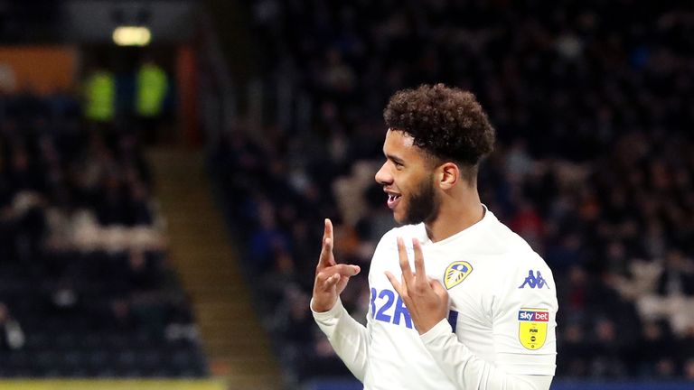 Leeds United's Tyler Roberts celebrates scoring his sides first goal during the Sky Bet Championship match at the KC Stadium, Hull. PRESS ASSOCIATION Photo. Picture date:  Tuesday October 2, 2018. See PA story SOCCER Hull. Photo credit should read: Danny Lawson/PA Wire. RESTRICTIONS: EDITORIAL USE ONLY No use with unauthorised audio, video, data, fixture lists, club/league logos or "live" services. Online in-match use limited to 120 images, no video emulation. No use in betting, games or single club/league/player publications