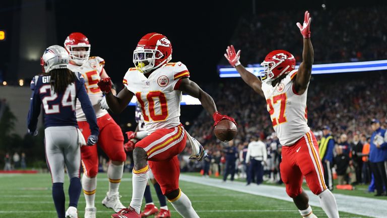 Tyreek Hill caught seven passes for 142 yards and three touchdowns against New England