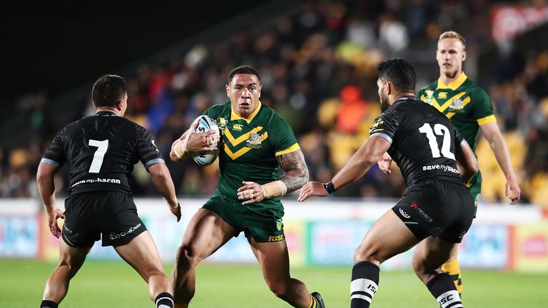 Tyson Frizell charges forward for the Kangaroos 