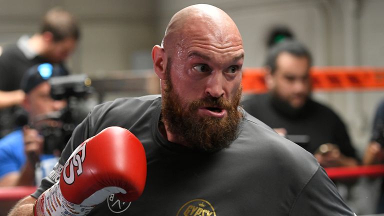 LOS ANGELES, CA - OCTOBER 25: Lineal Heavyweight Champion Tyson Fury worked out in front of Los Angeles media in advance of his highly anticipated WBC Heavyweight World Championship against undefeated WBC World Champion Deontay Wilder on December 1at Churchill Boxing Club on October 25, 2018 in Los Angeles, California. (Photo by John McCoy/Getty Images)*** Local Caption *** Tyson Fury