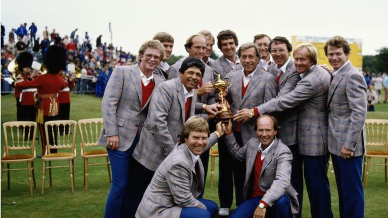 The victorious Ryder Cup team of 1981 celebrate their win at Walton Heath