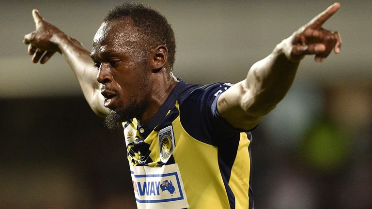 Olympic sprinter Usain Bolt celebrates scoring a goal for A-League football club Central Coast Mariners in his first competitive start for the club against Macarthur South West United in Sydney on October 12, 2018