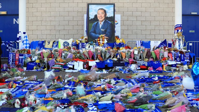 Supporters pay tribute to Vichai Srivaddhanaprabha at Leicester City Football Club.