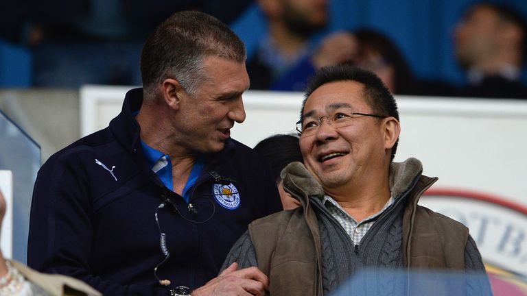 Nigel Pearson jokes with Vichai Srivaddhanaprabha