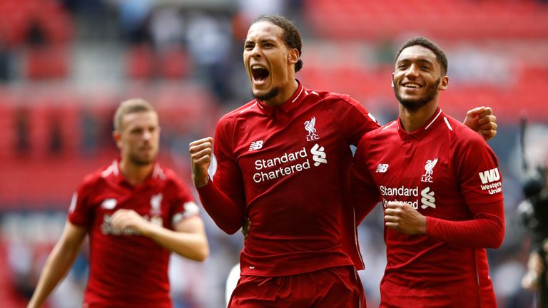 Virgil van Dijk and Joe Gomez celebrate following the Premier League match against Tottenham Hotspur at Wembley Stadium on September 15, 2018