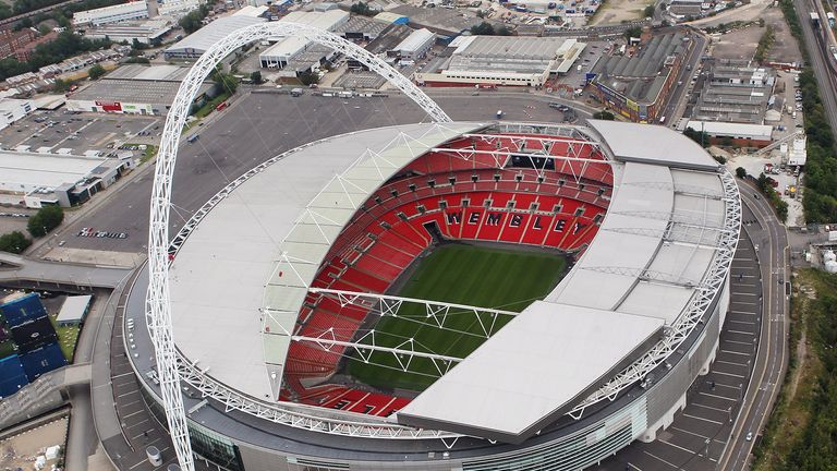 Aerial view of Wembley Stadium which will host football events during the London 2012 Olympic Games on July 26, 2011 in London, England.