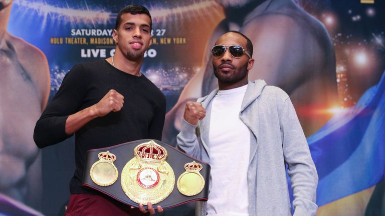 Alberto Machado and Yuandale Evans pose after the final press conference for the Matchroom Boxing USA fight card on October 27, 2018