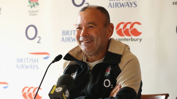 England head coach Eddie Jones smiles as he talks to the media at the team's training base at Pennyhill Park.