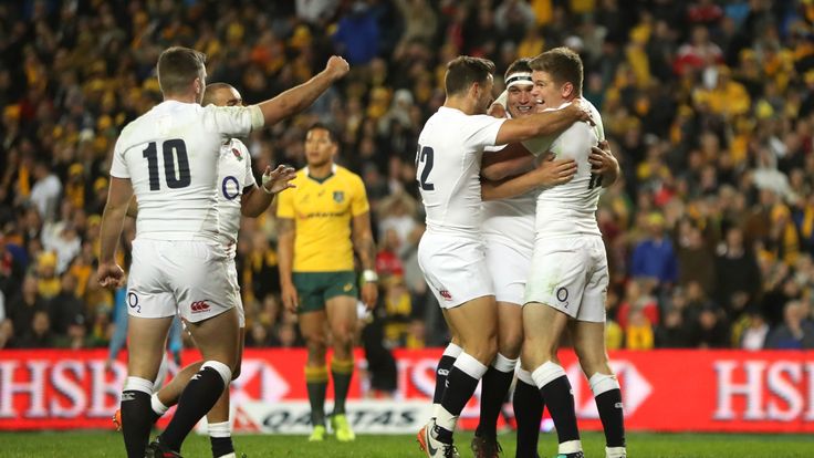 England celebrate Jamie George's try during the International Test match between the Australian Wallabies and England at Allianz Stadium on June 25, 2016 in Sydney, Australia.