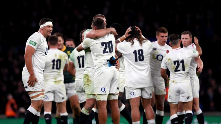 England celebrate victory during the Quilter International match between England and South Africa at Twickenham Stadium on November 3, 2018 in London, United Kingdom.