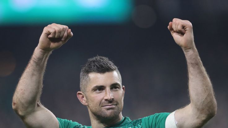Ireland's Rob Kearney celebrates after the Autumn International match at the Aviva Stadium, Dublin. PRESS ASSOCIATION Photo. Picture date: Saturday November 17, 2018. See PA story RUGBYU Ireland. Photo credit should read: Niall Carson/PA Wire. RESTRICTIONS APPLY: Editorial use only. No commercial or promotional use without prior consent from IRFU. No alterations or doctoring.