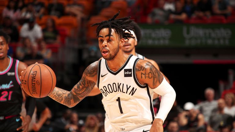 D'Angelo Russell controls possession against the Miami Heat