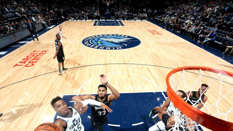 Donovan Mitchell attacks the rim against the Minnesota Timberwolves