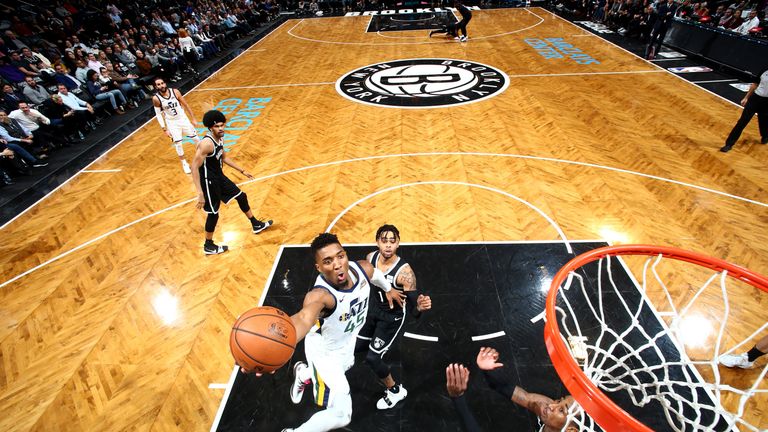 Donovan Mitchell attacks the rim against Brooklyn