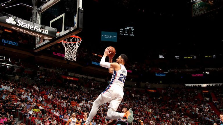 Ben Simmons #25 of the Philadelphia 76ers handles the ball against the Miami Heat on November 12, 2018 at American Airlines Arena in Miami, Florida