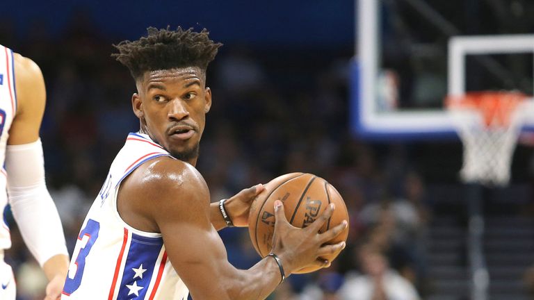 Jimmy Butler in action during his Sixers&#39; debut