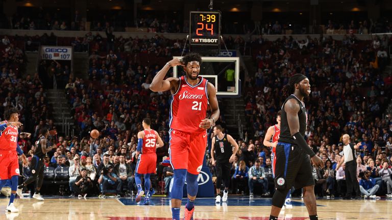 Joel Embiid celebrates a three-pointer on the way to a game-high 41 points