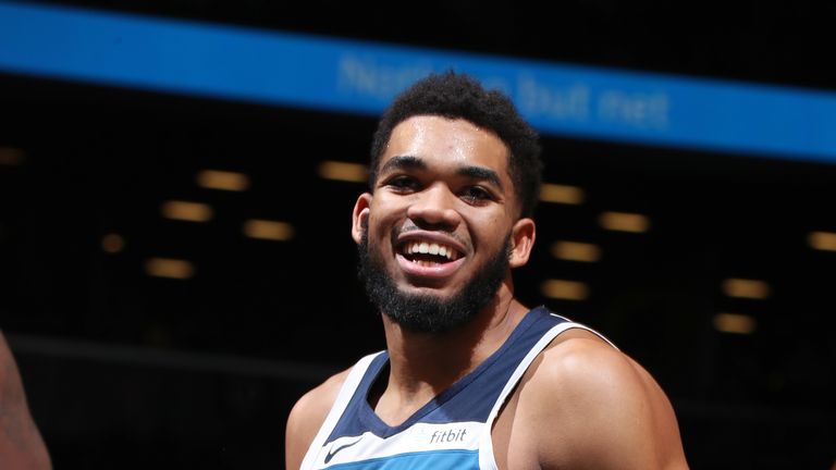 Karl-Anthony Towns celebrates a basket during Minnesota&#39; visit to Brooklyn