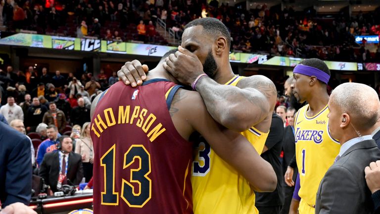 LeBron James is warmly embraced by former team-mate Tristan Thompson