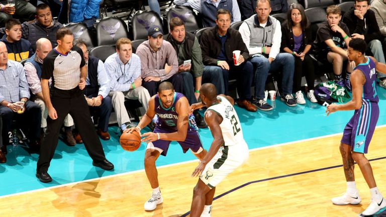 Nicolas Batum #5 of the Charlotte Hornets handles the ball against the Milwaukee Bucks on November 26, 2018 at Spectrum Center in Charlotte, North Carolina.