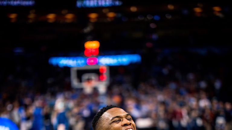 Russell Westbrook celebrates Oklahoma City's victory