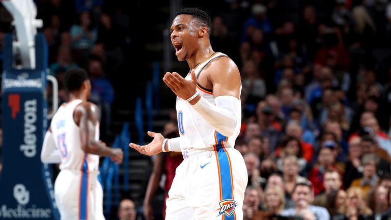 Russell Westbrook appeals to the officials