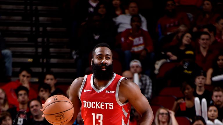  James Harden #13 of the Houston Rockets handles the ball against the Detroit Pistons on November 21, 2018 at the Toyota Center in Houston, Texas.