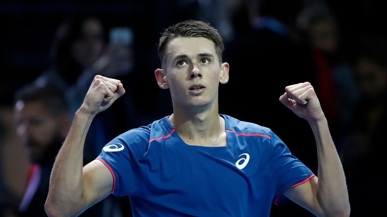Alex de Minaur of Australia celebrates in his group match against Andrey Rublev of Russia during Day Two of the Next Gen ATP Finals at Fiera Milano Rho on November 7, 2018 in Milan, Italy.