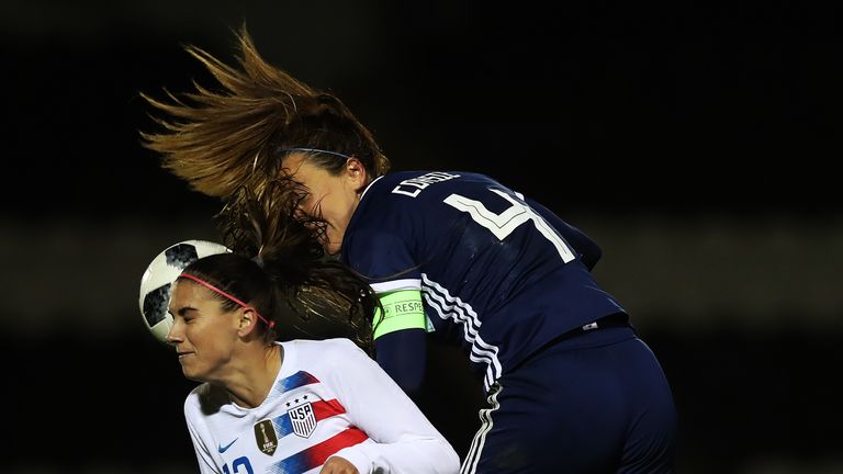Alex Morgan's strike proved to be the winner, with the American seen here battling with Scotland's Rachel Corsie
