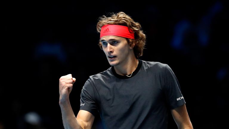 Alexander Zverev of Germany celebrates during his singles round robin match against Marin Cilic of Croatia during Day Two of the Nitto ATP World Tour Finals at The O2 Arena on November 12, 2018 in London, England