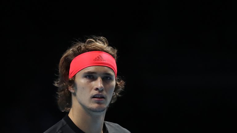 Alexander Zverev of Germany celebrates winning the first set in his semi finals singles match against Roger Federer of Switzerland during Day Seven of the Nitto ATP Finals at The O2 Arena on November 17, 2018 in London, England