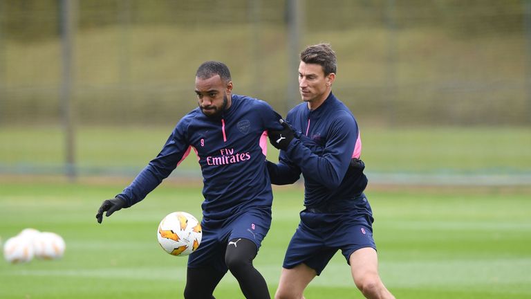 Alexandre Lacazette and Laurent Koscielny during a training session at London Colney on November 7, 2018