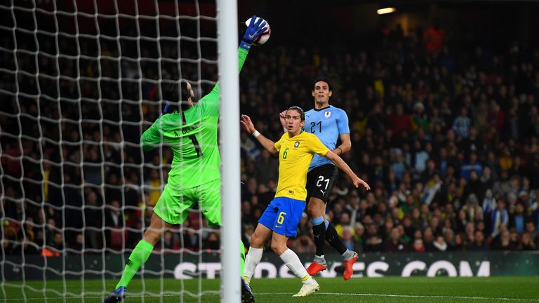 during the International Friendly between Brazil and Uruguay at Emirates Stadium on November 16, 2018 in London, England.