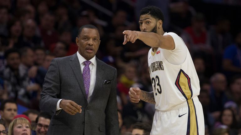 Head coach Alvin Gentry of the New Orleans Pelicans talks to Anthony Davis #23 against the Philadelphia 76ers at the Wells Fargo Center on November 21, 2018 in Philadelphia, Pennsylvania. 