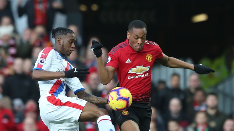 Anthony Martial in action with Aaron Wan-Bissaka at Old Trafford