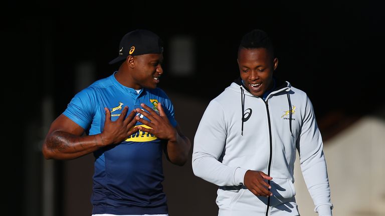  Aphiwe Dyantyi (left) with Sbusiso Nkosi during the South African national rugby team training session at Latymer Lower School on October 29, 2018 in London, England. 