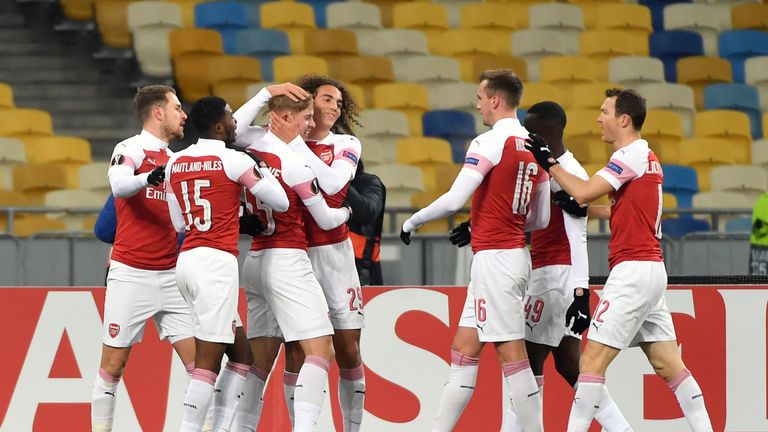 Emile Smith Rowe is congratulated by team-mates after scoring his third goal of the season for Arsenal